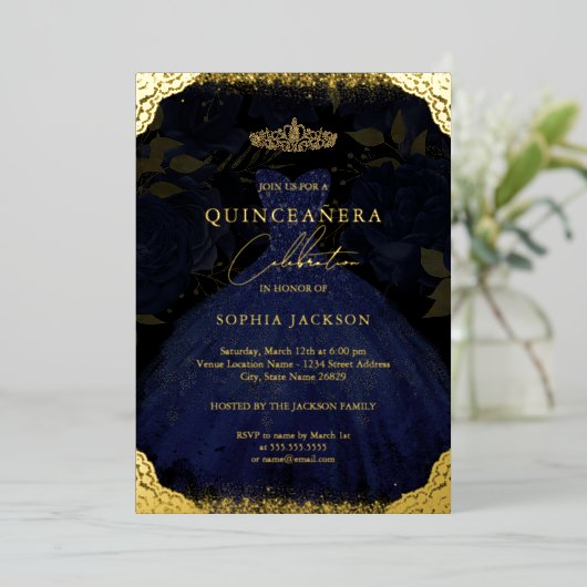 Sparkle Blue Gold Dress Tiara Photo Quinceanera Folie Uitnodiging (Staand Voorkant)