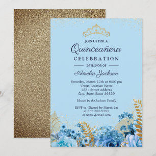 Sparkle Blue Gold Glitter bloemige Quinceanera 15t Kaart