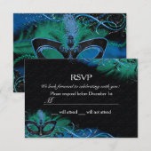 Sparkle Blue & Green Feather Mask Masquerade RSVP Kaart (Voorkant / Achterkant)
