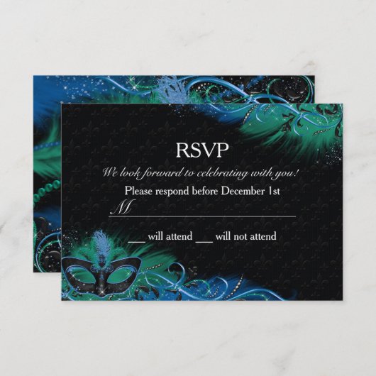 Sparkle Blue & Green Feather Mask Masquerade RSVP Kaart (Voorkant / Achterkant)