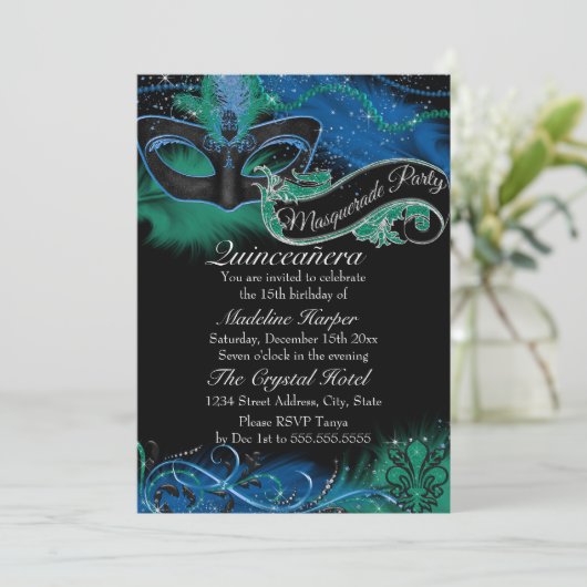 Sparkle Blue & Green Mask Masquerade Quinceanera Kaart (Staand voorkant)