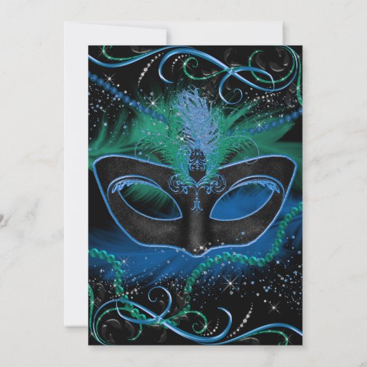 Sparkle Blue & Green Mask Masquerade Quinceanera Kaart (Achterkant)