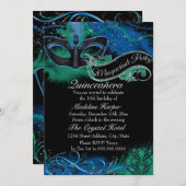 Sparkle Blue & Green Mask Masquerade Quinceanera Kaart (Voorkant / Achterkant)