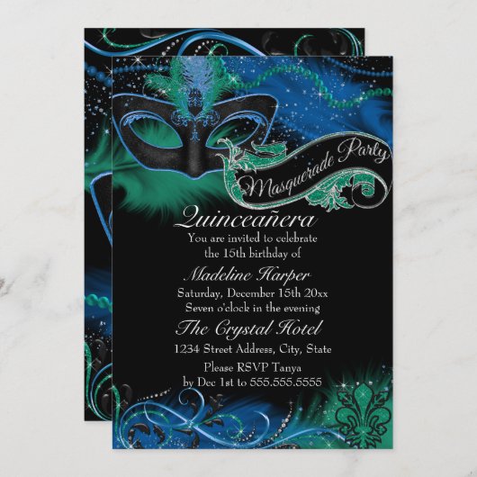 Sparkle Blue & Green Mask Masquerade Quinceanera Kaart (Voorkant / Achterkant)