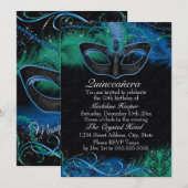 Sparkle Blue & Green Mask Masquerade Quinceanera Kaart (Voorkant / Achterkant)