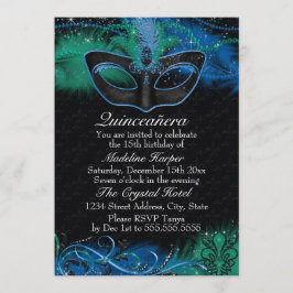 Sparkle Blue & Green Mask Masquerade Quinceanera Kaart