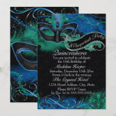 Sparkle Blue & Green Mask Masquerade Quinceanera Kaart (Voorkant / Achterkant)