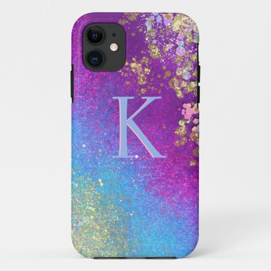 Sparkle Blue & Paarse Glitter Monogram iPhone Case (Achterkant)