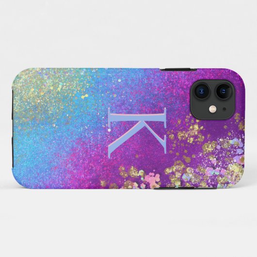 Sparkle Blue & Paarse Glitter Monogram iPhone Case (Achterkant (horizontaal))