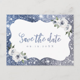 Sparkle blue silver glitter floral save the date aankondigingskaart