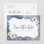 Sparkle blue silver glitter floral save the date aankondigingskaart (Voorkant / Achterkant)
