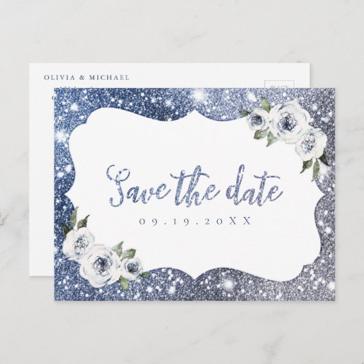 Sparkle blue silver glitter floral save the date aankondigingskaart (Voorkant / Achterkant)