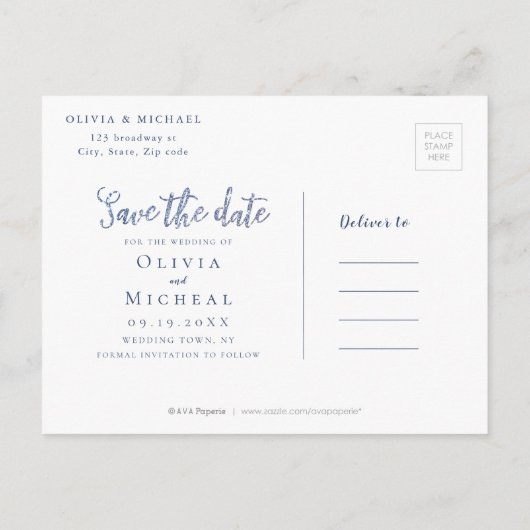 Sparkle blue silver glitter floral save the date aankondigingskaart (Achterkant)