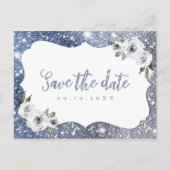 Sparkle blue silver glitter floral save the date aankondigingskaart (Voorkant)