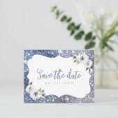 Sparkle blue silver glitter floral save the date aankondigingskaart (Staand voorkant)
