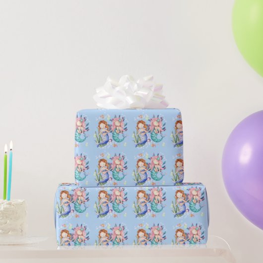 Sparkle Blue Waterverf Mermaid Wrapping Paper Cadeaupapier (Feestgeschenken)