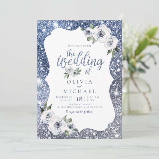 Sparkle blue zilverglitter en bloembruiloft kaart (Staand voorkant)