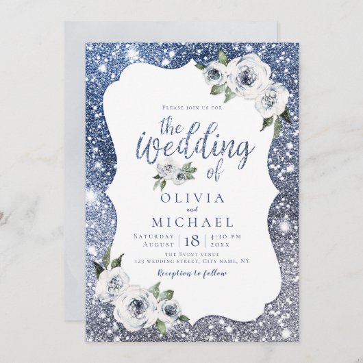 Sparkle blue zilverglitter en bloembruiloft kaart (Voorkant / Achterkant)