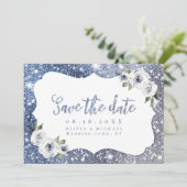 Sparkle blue zilverglitter floral Save the Date (Staand voorkant)