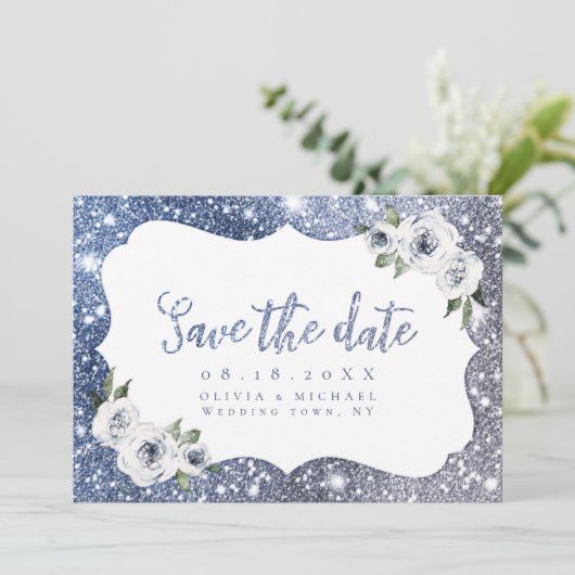 Sparkle blue zilverglitter floral Save the Date (Staand voorkant)