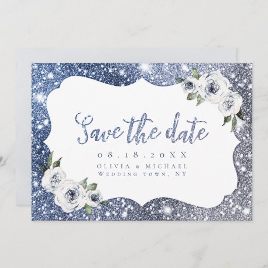 Sparkle blue zilverglitter floral Save the Date (Voorkant / Achterkant)
