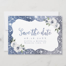 Sparkle blue zilverglitter floral Save the Date