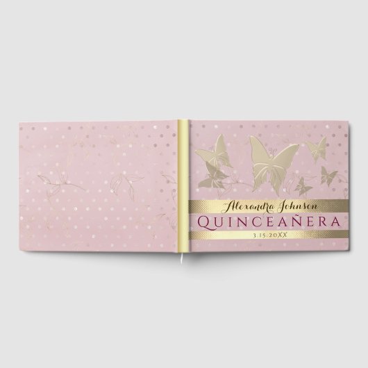 Sparkle Blush Pink Gold Butterflies Quinceanera Gastenboek (Volledig)