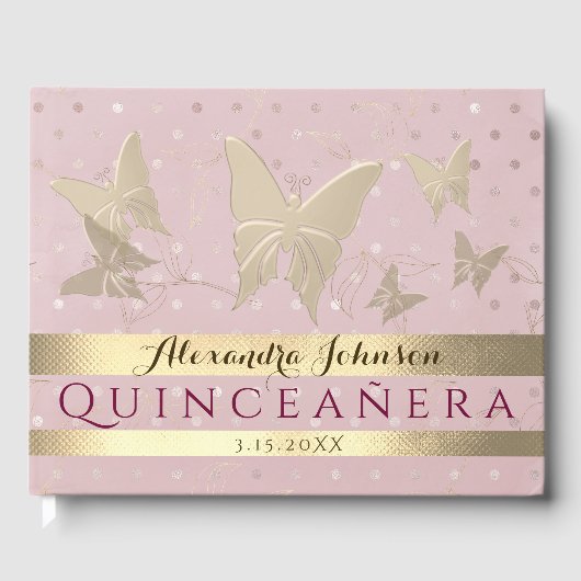 Sparkle Blush Pink Gold Butterflies Quinceanera Gastenboek (Voorkant)