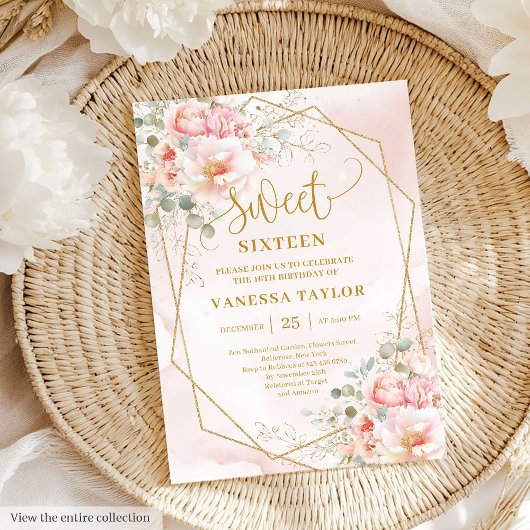 Sparkle Bord Pink Gold Peonies Sweet 16 Invitation Kaart