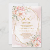 Sparkle Bord Pink Gold Peonies Sweet 16 Invitation Kaart (Voorkant)