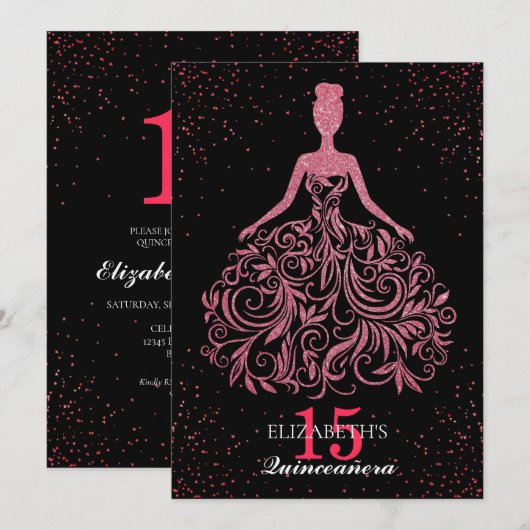 Sparkle Bourgogne Black Glitter Jurk Quinceañera Kaart (Voorkant / Achterkant)