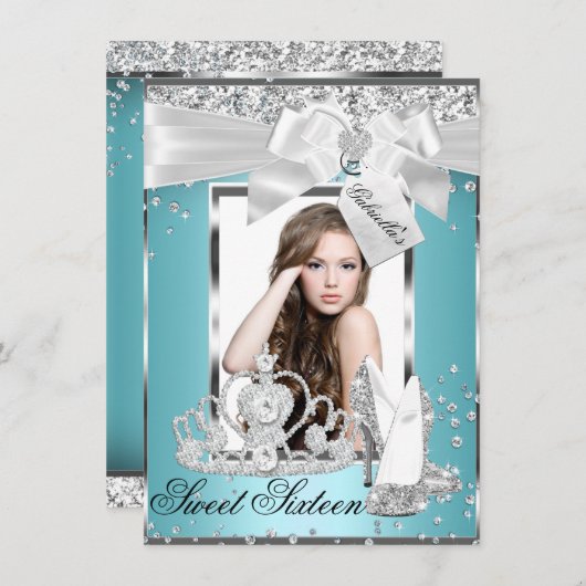 Sparkle Bow Tiara Photo Sweet 16 Invitation Kaart (Voorkant / Achterkant)