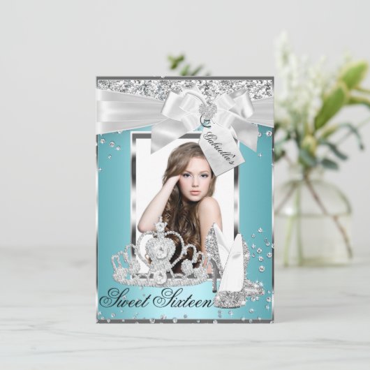 Sparkle Bow Tiara Photo Sweet 16 Invitation Kaart (Staand voorkant)