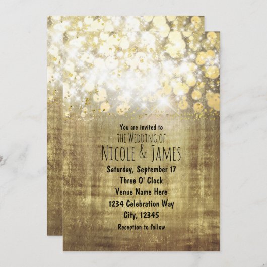 Sparkle Bright Lights Rustic Gouden Glamour Uitnod Kaart (Voorkant / Achterkant)