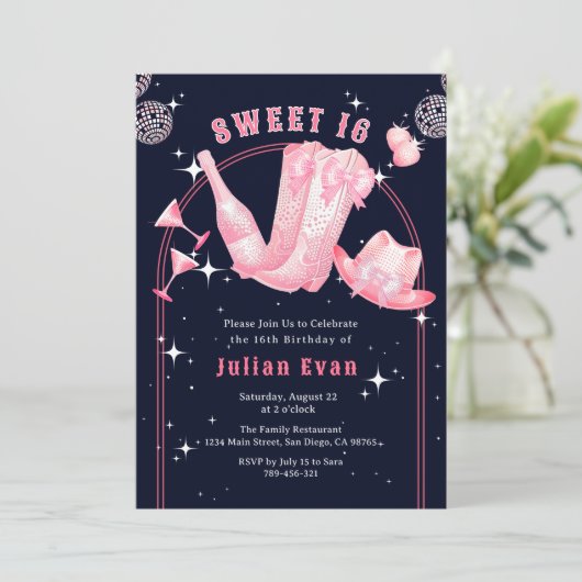 Sparkle Cowgirl Navy Blue & Pink Sweet 16 Verjaard Kaart (Staand voorkant)