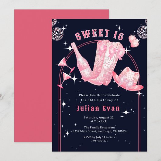Sparkle Cowgirl Navy Blue & Pink Sweet 16 Verjaard Kaart (Voorkant / Achterkant)