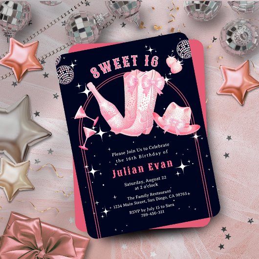 Sparkle Cowgirl Navy Blue & Pink Sweet 16 Verjaard Kaart