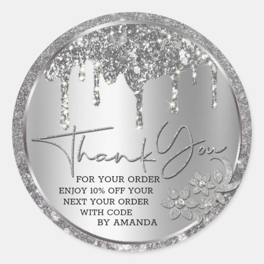 Sparkle Dank u Silver Drijvende glitter Ronde Sticker (Voorkant)