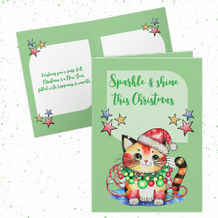 Sparkle deze kerst schattige kat sterren groen feestdagen kaart