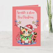 Sparkle deze kerst schattige kat sterren roze feestdagen kaart (Voorkant)