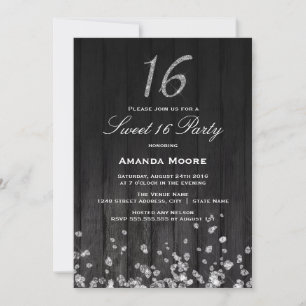 Sparkle Diamant Zilver Zwarte Sweet 16 Uitnodiging