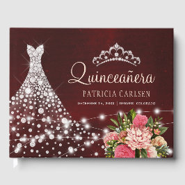 Sparkle diamanten jurk bordeaux floral quinceanera gastenboek