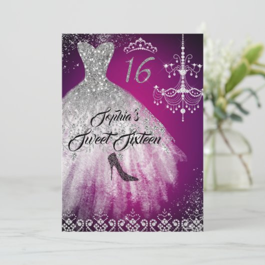 Sparkle Diamond Dress Pink Zilver Sweet 16 Kaart (Staand voorkant)