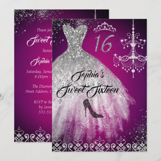 Sparkle Diamond Dress Pink Zilver Sweet 16 Kaart (Voorkant / Achterkant)