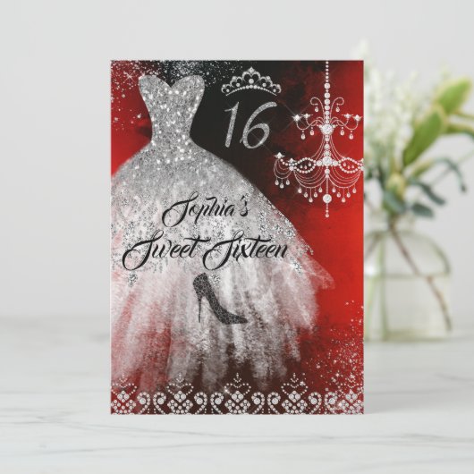 Sparkle Diamond Dress Rood Zilver Zwart Sweet 16 Kaart (Staand voorkant)