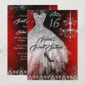 Sparkle Diamond Dress Rood Zilver Zwart Sweet 16 Kaart (Voorkant / Achterkant)