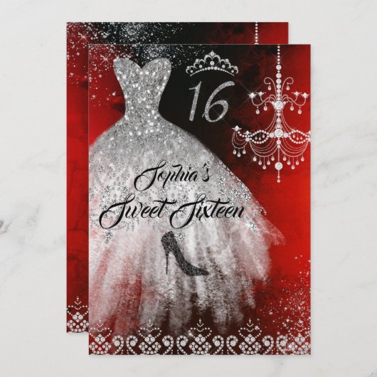 Sparkle Diamond Dress Rood Zilver Zwart Sweet 16 Kaart (Voorkant / Achterkant)