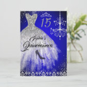 Sparkle Diamond Jurk Blauw Zilver Quinceanera Kaart (Staand voorkant)