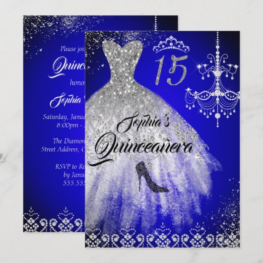Sparkle Diamond Jurk Blauw Zilver Quinceanera Kaart (Voorkant / Achterkant)