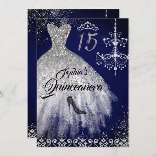 Sparkle Diamond Jurk Navy Quinceanera Kaart (Voorkant / Achterkant)